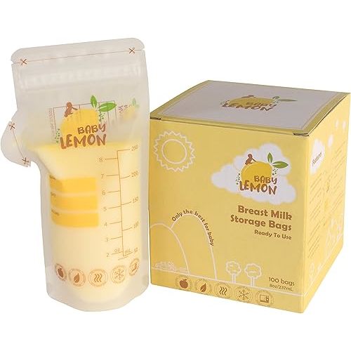 Baby Lemon Breast Milk Storage Bags with Spout - 8 oz, 100 Bags, Extra Thick, Leak Proof, Pre-sterilized, Ready to Use, BPA Free, Easy Write Material