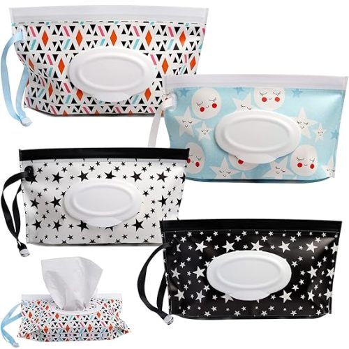 DOMMARE 4 Pack Baby Wipes Dispenser, Portable Travel Wet Wipes Pouch On The Go-Reusable Wipe Holder-Refillable Lightweight Waterproof Container Case with Sealed Zipper to Keep Wipes Clean and Moist - multicolored F