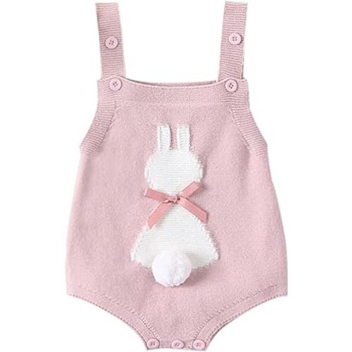 Mandizy Easter Outfit Baby Girl Sleeveless Knit Romper Cute Bunny Jumpsuit Infant Spring Bodysuit Clothes