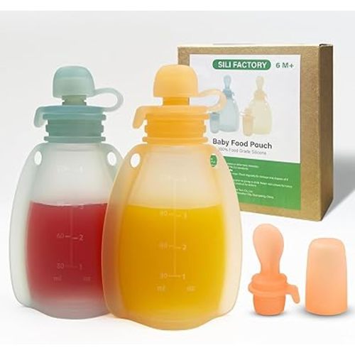 Reusable Silicone Baby Food Pouches 2 Pack Baby Food Storage and Scoop Squeeze Pouches for Toddler Kids, Freezable Storage BPA-Free Silicone Refillable Baby Food Storage, 4.2 oz