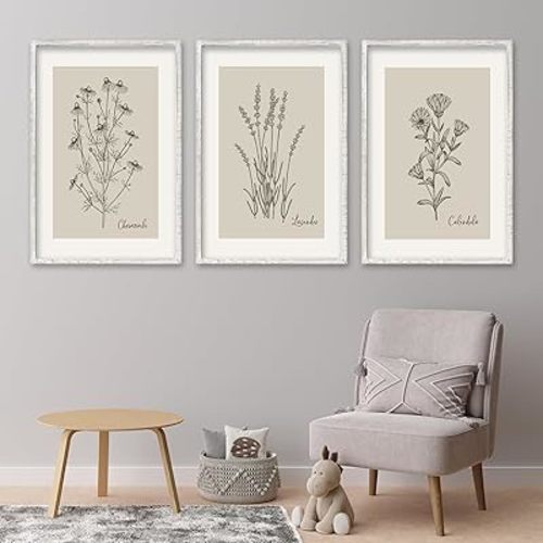 Set Of 3 Vintage Antique Garden Wildflowers Wall Art Decor 24x16 Inch Rustic Wood Framed Family Living Room Floral Sign Modren Nature Flower Home Pictures Botanical Wall Hanging (White)
