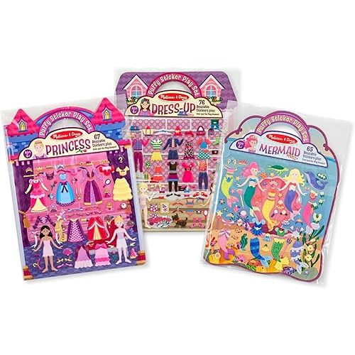 Melissa & Doug Puffy Sticker Activity Books Set of 3 – Dress-Up, Princess & Mermaid, with 208 Reusable Stickers and Fold-Out Scenes, Mess-Free Travel Toys for Kids Ages 4+ - FSC Certified