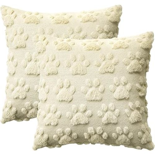 AVOIN colorlife Pet Dog Paws Beige Fall Throw Pillow Covers, 18 x 18 Inch Soft Plush Faux Fur Jacquard Cushion Case Farmhouse Decoration for Sofa Couch Set of 2