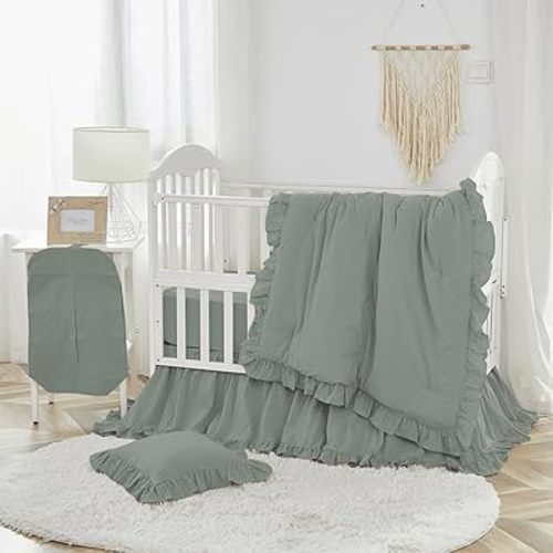 Brandream Gender Neutral Boho Bohemian Baby Girl Boy Nursery Crib Bedding Set - 6pc - Solid Color Sage Green Farmhouse Chic Unisex Ruffle Unisex Cozy 100% Washed Cotton