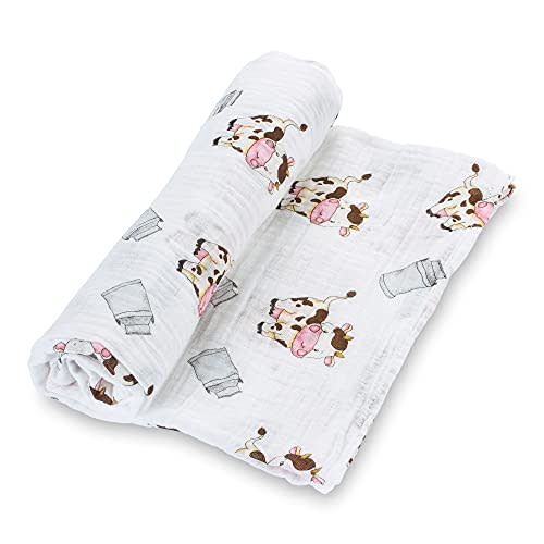 LollyBanks Baby Swaddle Blanket, 100% Muslin Cotton Muslin Blankets for Boys and Girls, Large 47 x 47 Inches Soft and Breathable Swaddles for Newborns, Gentle Baby Wrap Swaddle, Registry (Cow Print)