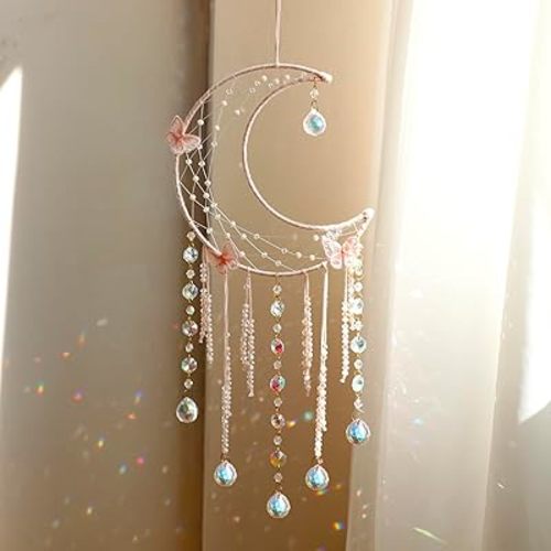 Artilady Butterfly Dream Catchers with Crystals - Large Boho Pink Moon Dream Catcher Wall Decor Home Decorations Girls Kids Baby Bedroom Room Decor Christmas Birthday Teen Girl Boys Gifts