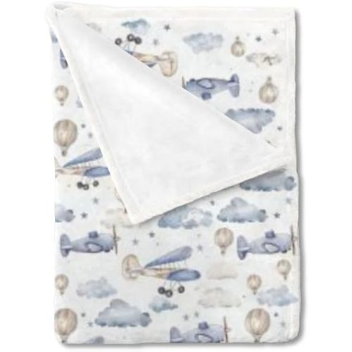 Unisex Plane Hot Air Balloons Transportation Theme Baby Nursery Throw Gift Blanket for Boys Girls, Aircraft Clouds Stars Pattern Swaddle Receiving Bed Blanket for Newborn Toddlers Kids-30x40
