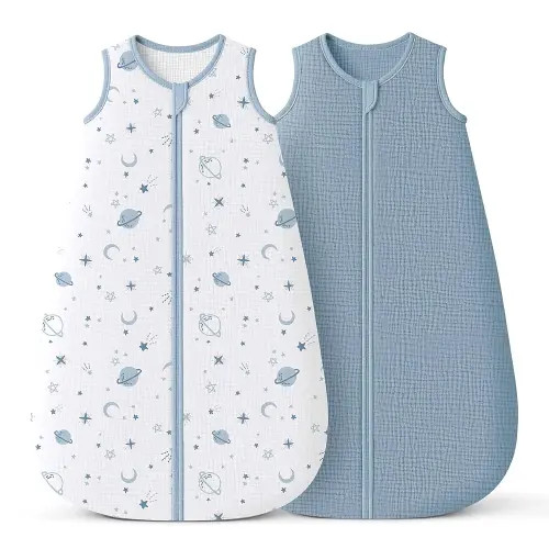 Konssy 2-Pack Baby Sleep Sack 0.7 TOG, 100% Muslin Cotton Wearable Blanket for Babies 0–6 Months, Breathable Sleeping Bag for Newborn Essentials for Girls and Boys(Star, Blue)