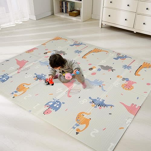 Bammax X-Large Waterproof Foam Padded Baby Play Mat | Reversible & Foldable | Safe Baby Foam Play Mat | 70" x 78" | Use as Baby Crawling Mat or Kids Play Mat for Floor - Dinosaurs & Safari Animals