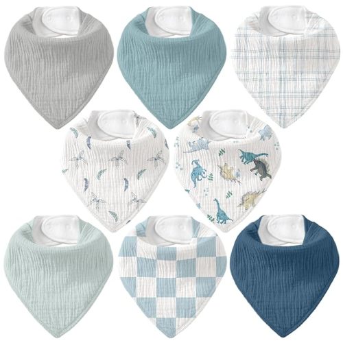 Muslin Baby Bibs 8 Pack, Baby Bandana Drool Bib for Drooling and Teething, Cotton Soft Absorbent for Girls Boys (Sage Green Jungle Animals)