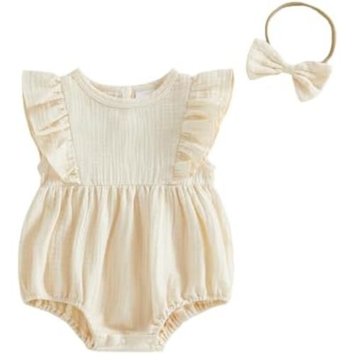 Douhoow Infant Baby Girl Summer Clothes Flying Sleeve Crew Neck Baby Girl Romper with Bow Headband
