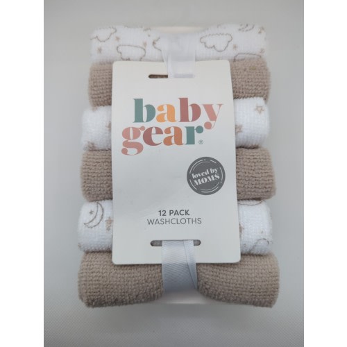 Baby Gear 12 Pack Washcloths White/Beige Stars/Moon/Clouds For Boys And Girls