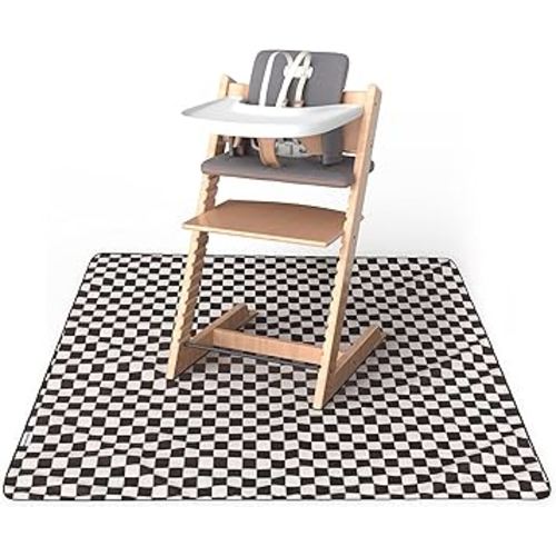 Tiny Twinkle Mess-Proof Splat Mats for Under high Chairs or Table Cover Art Projects for Baby and Toddler - Waterproof, Washable Floor or Table Splash mat 51" x 51" (Checkers Black)