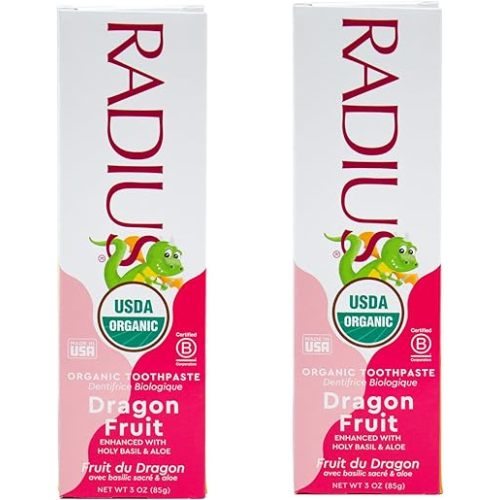 RADIUS USDA Organic Kids Toothpaste 3oz Non Toxic Chemical-Free Gluten-Free Designed to Improve Gum Health for Children's 6 Months and Up - Dragon Fruit - Pack of 2