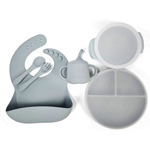 Silicone Baby Feeding Set| Silicone Divided Suction Plate and Bowl with Lids |Toddler Feeding Set| Training Cup with Straw|Fork Spoon Bib| Toddler Baby Led Weaning Supplies (Blue)