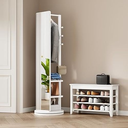 360° Rotating 66"x14" Multifunctional Full Length Mirror with Hook Storage Rack Coat Rack with Mirror Solid Wood Floor Mirror Bedroom Living Room Cloakroom Space Saving (White)