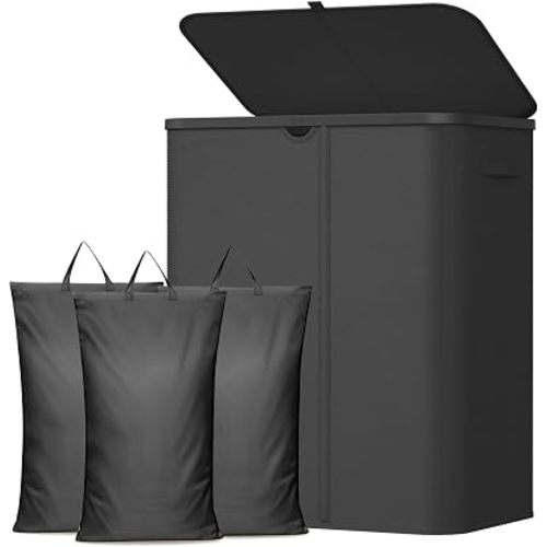 Lifewit 185L 3 Section Laundry Hamper with Lid, Large Laundry Basket with Handles and Removable Bags, Tall Clothes Hamper, Foldable Laundry Sorter for Bedroom Bathroom, Black