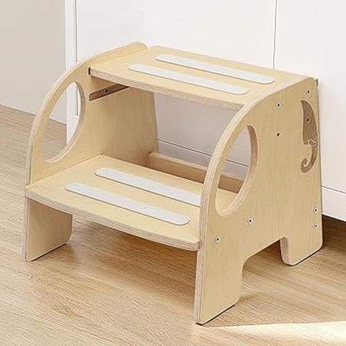 Wooden Toddler Step Stool - Height-Adjustable Non-Slip 2-Step Stool for Kids, Potty Training for Bathroom Sink, Kitchen & Bedroom - Lightweight, Easy Assembly