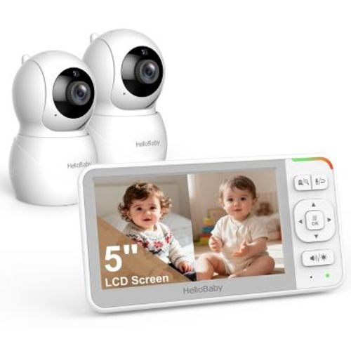 HELLOBABY 5" Split Screen Video Baby Monitor with 2 Cameras, Pan-Tilt-Zoom, HB6055-2