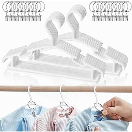 Baby Hangers with Metal Ring Clips, Children Plastic Hanger for Kids Pants Clothes Closet, 20 Pack, White