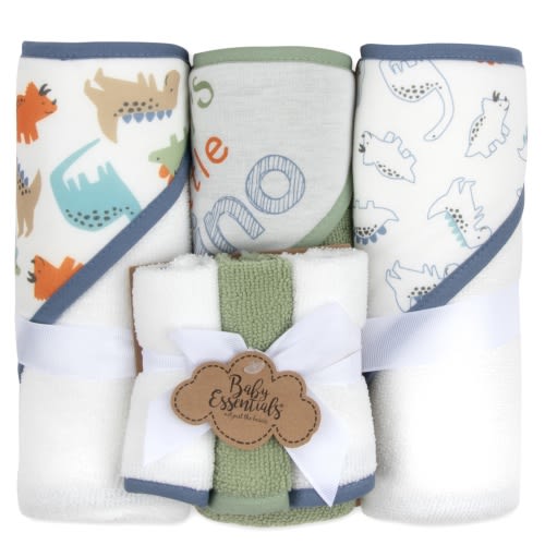 Baby Essentials 6 Piece Printed Hooded Bath Towel and Washcloth Set for Infant, Newborns and Toddlers 3 – 24 Months for Bath Time, Showers, Lounge, Beach and Pool in Daddy's Little Dino Print