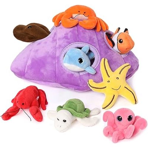 Muiteiur Plush Soft Ocean Animals Set with Plush Sea Shell House Includes Stuffed Turtle, Lobster, Crab, Dolphin, Devil Fish, Octopus, Starfish, Clownfish (Multicolor,8 Piece)