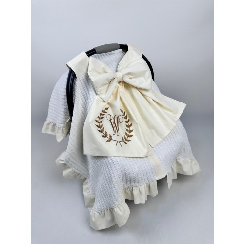 Car Seat Canopy Cover Baby Girl and Boy with Cream Pique Fabric With Bow & Ruffles, Personalized Car Seat Cover (100% Cotton)