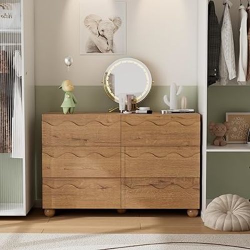 Scalloped Dresser for Bedroom with 6 Drawers, 47" Wide Modern Chest of Drawers with Hidden Handle, Wooden Dresser, Fluted Wood Closet Clothes Storage Organizer for Living Room, Hallway, Natural Oak