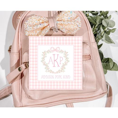 Personalized Watercolor Monogram Bag Tag, Laminated Girl Luggage Tag, Monogram Diaper Bag Tag, crest Bag Tag, girl Nursery Diaper bag tag