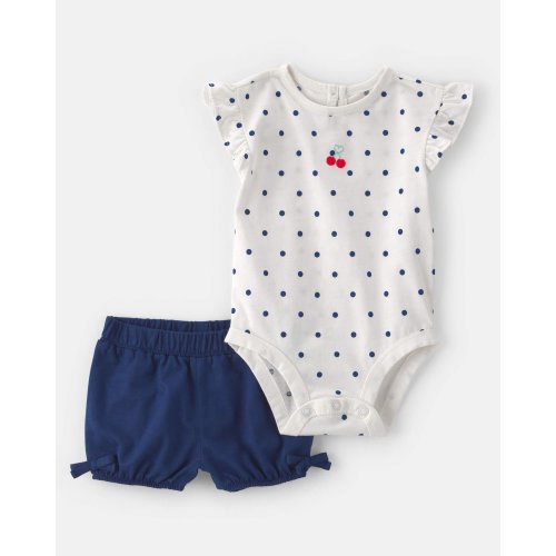Baby Girl 2-Piece Cherry Polka Dots Short-Sleeve Bodysuit & Short Set - White/Blue | Carter's- 3M