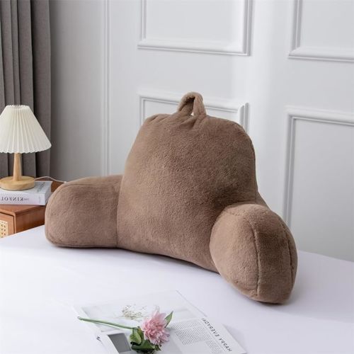 A Nice Night Faux Fur Soft Reading Pillow Bed Wedge Adult Backrest with Arms Back Support for Sitting Up in Bed/Couch for Bedrest,Khaki,Large