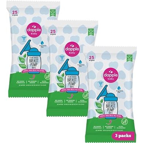 Breast Pump Wipes by Dapple Baby, 25 Count (Pack of 3), Fragrance Free, Plant Based & Hypoallergenic Breast Pump Wipes - Removes Milk Residue, Leaves No Taste - Convenient Wipes Pouch