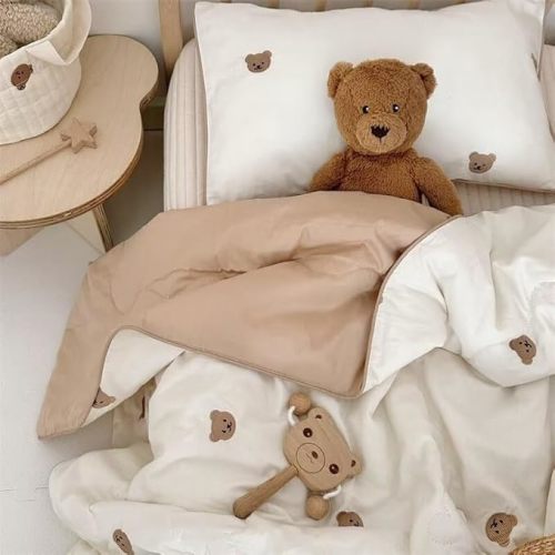 BuLuTu Washed Cotton Toddler Girls Boys Quilt Soft Breathable Baby Summer Quilt Blanket Cute Little BearPattern Toddler Bed Blanket, Lightweight, Machine Washable, 59x47 Inches, No Pillow