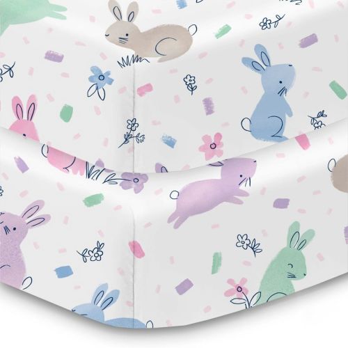 BreathableBaby Cotton Percale Fitted Sheet, For 52" x 28" Crib & Toddler Bed Mattress, Bunnies (2-Pack)