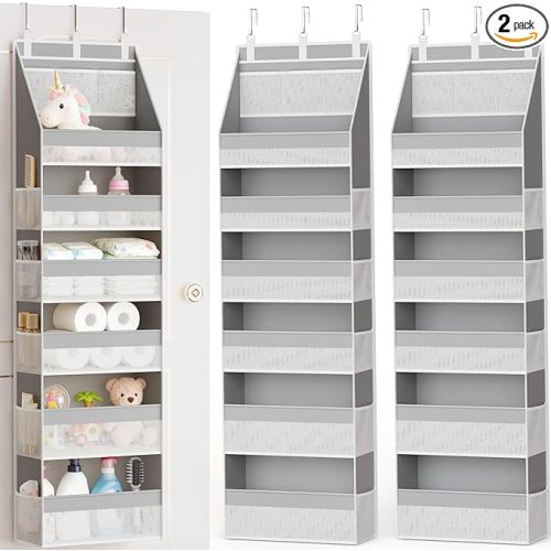 Criusia 2 Pack Over The Door Organizer, Heavy-Duty 6-Shelf Hanging Storage with 13 Mesh Pockets, 55lbs Capacity Behind The Door Storage for Nursery, Bathroom, Bedroom, and Dorm, Grey