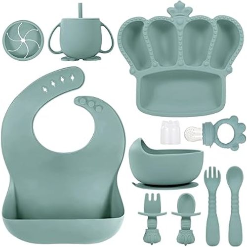 Silicone Baby Feeding Set 10 Pcs Baby Led Weaning Supplies Suction Bowl Divided Plate Baby Bibs Fruit feeder Pacifier Baby Spoons Forks Sippy Cup Utensil Sets Baby Essentials for Newborn Grey Blue