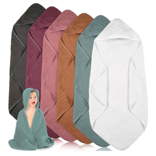 Peryiter 6 Pcs Muslin Hooded Baby Towels,32"x 32" Cotton Newborn Bath Towel Muslin Infant Baby Blankets Absorbent Unisex Newborn Registry Gift for Girls Boys (Red)