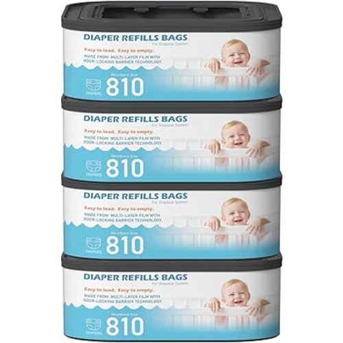 Jumbo Square Refills Disposal Bags Refill (Baby Powder Scent) Compatible with Diaper Genie Classic, Compact and Select Pails, Hold Up to 810 Newborn-Sized Diapers Per Refill, 4 Packs