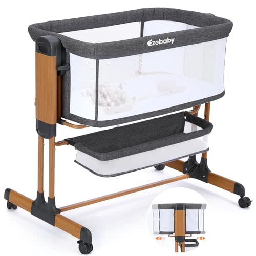 Ezebaby Bassinet, Rocking Bassinet for Baby, Baby Bassinets Bedside Sleeper, Adjustable Baby Bedside Bassinet with Wheels, Storage Basket and Mesh Sides for Newborn Infant