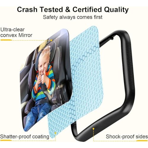Baby Car Mirror for Baby Never Shake Baby Mirror for Car Seat Mirror Rear Facing Hook Clip Design Easy Install Back Seat Mirror for Baby Crystal Clear View ShatterProof - Black