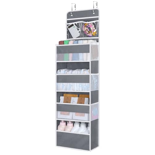 Univivi Over The Door Organizer, 5 Shelf Door Hanging Organizer Nursery Door Storage with 4 Large Compartments and 2 Small PVC Pockets 6 Side Pockets for Bathroom,Cosmetics and Nursery Baby Essential