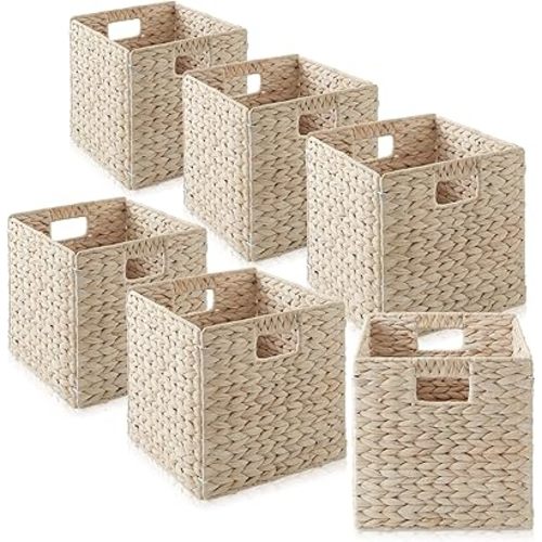 Casafield 10.5" x 10.5" Hyacinth Storage Baskets, Whitewash - Set of 6 Storage Organizers, Woven Wicker Cubes for Bathroom, Bedroom, Laundry, Shelves