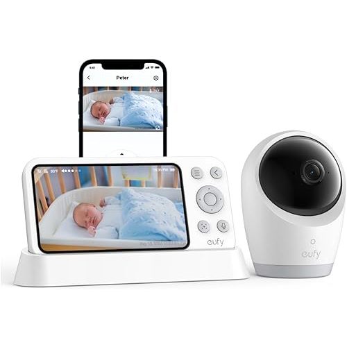 eufy Security Baby Monitor E21 with 4K UHD Camera, 5'' 720p Display, Hybrid Wi-Fi and No Wi-Fi Connection, App and Monitor Control, Pan-Tilt, 8X Zoom, Portable Camera with Built-in Battery, ANR