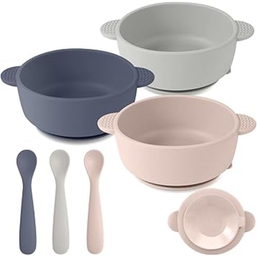 Silicone Baby Feeding Set, 3 Pack Baby Bowls with Suction and 3 Pack Baby Spoons for Babies Toddlers Kids, BPA Free, Baby Utensils Feeding Supplies, Microwave and Dishwasher Safe