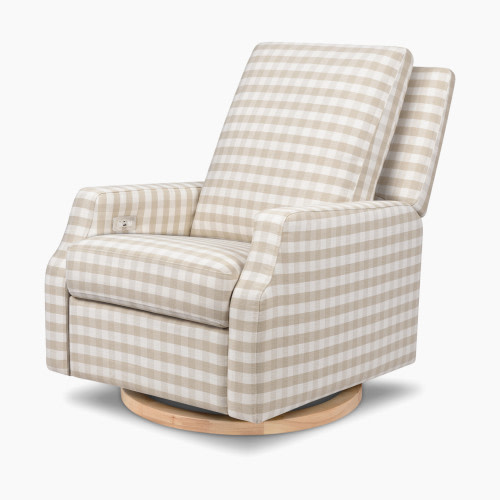 Namesake Crewe Electronic Recliner and Swivel Glider - Tan Gingham With Light Wood Base