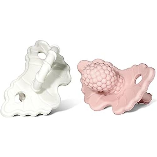 RaZbaby Soft Silicone Infant & Baby Teether, Berrybumps Textured Teething Relief Pacifier 3M+, Soothes Gums, Hands-Free & Easy-to-Hold Fruit-Shaped RaZberry Design, BPA Free, 2-Pack – Pink/White