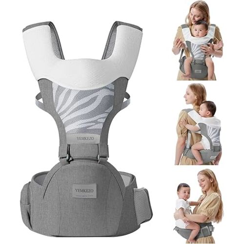 Baby Carrier Newborn to Toddler with Hip Seat, Multifunction Baby Hip Carrier, 4-in-1 Ergonomic Infant Carrier (Ergonomic M Position) Adjustable & Removable Baby Holder Carrier for 0-36 Months (Grey)