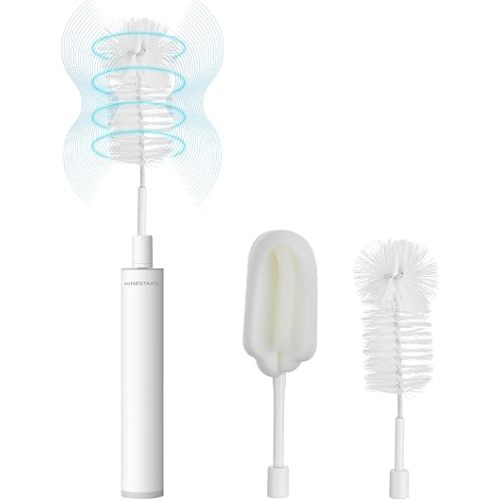 NINESTARS Electric Baby Bottle Brush Cleaner w/Aluminum Handle, Powerful Rotating Cleaning Bottle Brush, 2600mAh Battery Electric Bottle Cleaner for Water Bottle, Baby Bottle, Mug, Coffee Cup (White)