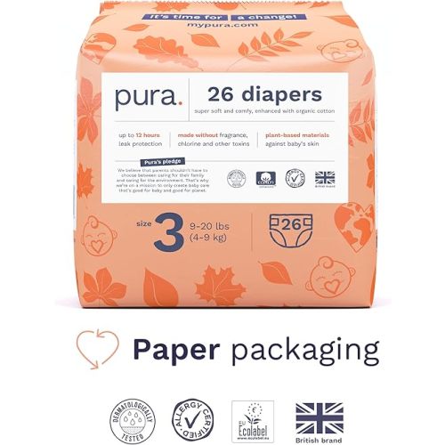 Size 3 Eco-Friendly Diapers (9-20 lbs) Totally Chlorine Free (TCF),Hypoallergenic, Soft Organic Cotton, Sustainable, up to 12 Hours Leak Protection, Allergy UK,26 Count (Pack of 3) (78 Baby Diapers)