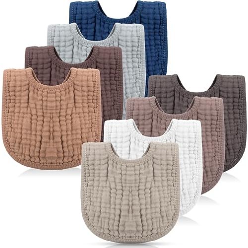 Frienda 8 Pcs Muslin Bibs Baby Cotton Bandana Drool Bibs Bulk for Boys Girls Newborn Infant 6 Absorbent Layers Bibs Feeding Accessory(Rustic Colors)